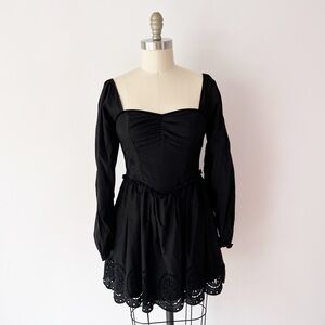 Dark Romantic Milkmaid Black Mini Dress, Cotton, Velvet, Eyelet, Coquette, Goth